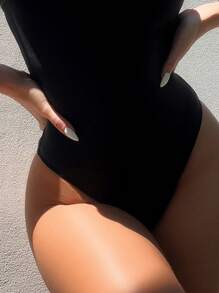 SHEIN Swim Holiday Beach Colorblock 3D Floral Decor Bandeau One-Piece Swimsuit Summer - Black - View 6