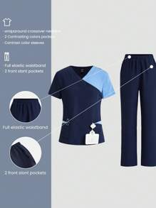 TaskEZ Conjunto de uniforme de enfermera azul marino y azul con diseño de patchwork, que incluye blusa con 2 bolsillos y textura de contraste y pantalones con 2 bolsillos y cintura elástica con textura