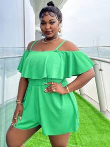 SHEIN Slayr Plus Size Summer Solid Color Open Shoulder One-Piece Swimsuit For Beach - Green - View 4