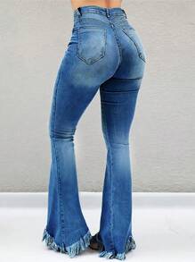 Women's Elastic Edge Pocket Flared Casual Jeans - Medium Wash - View 2