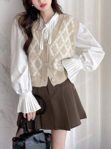 Vintage Plaid V-Neck Button-Front Cardigan Vest, Casual For Spring Autumn