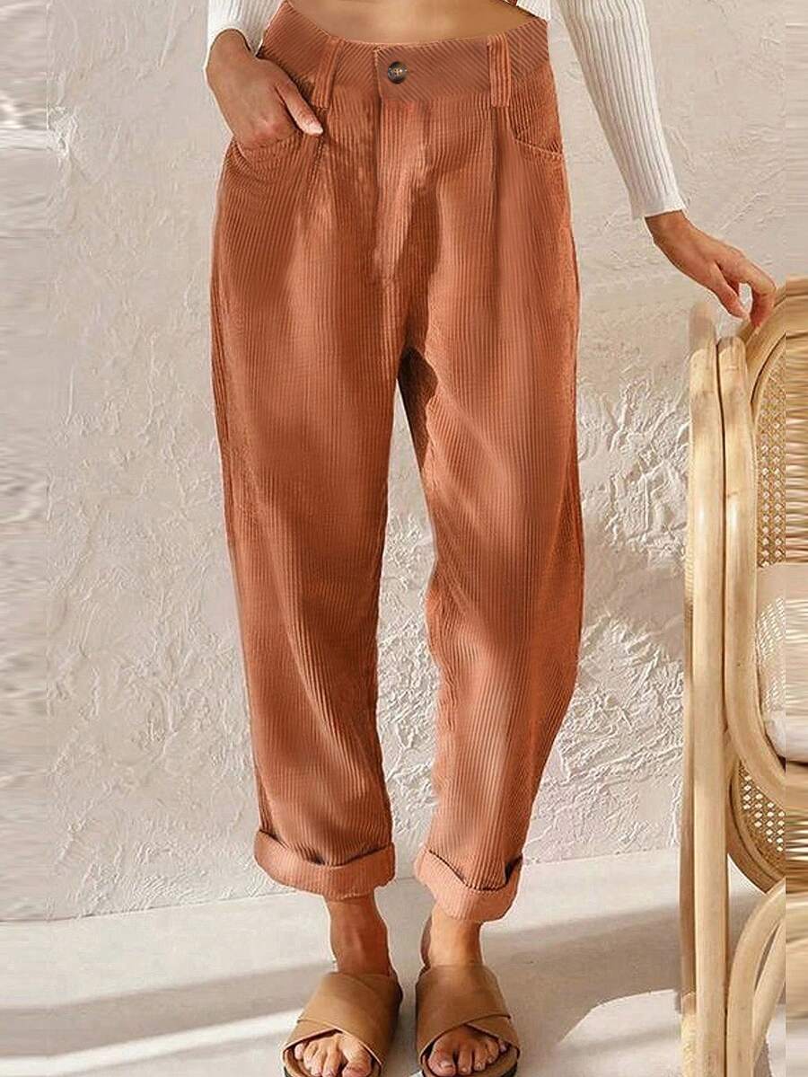 Women's Vacation Leisure Solid Color Corduroy Pants - Brown - View 1