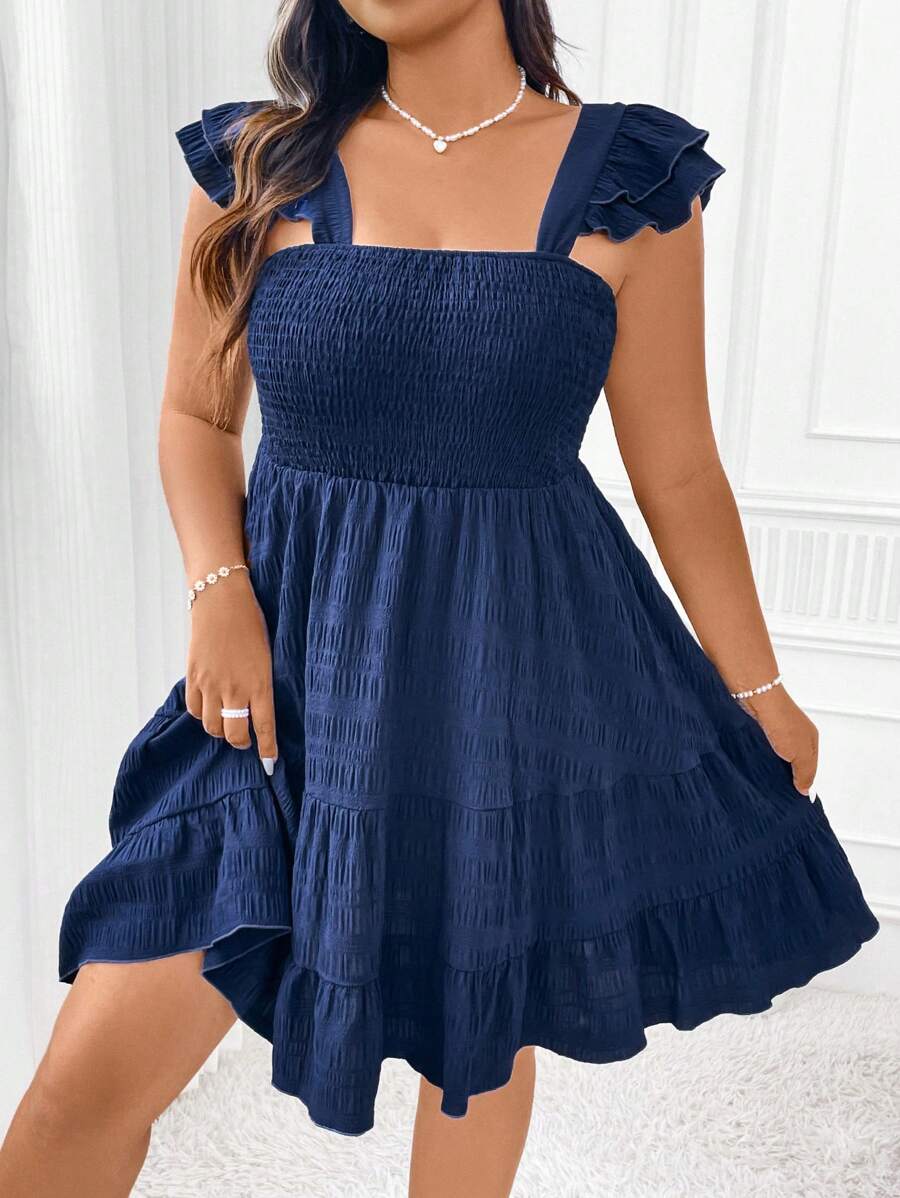 SHEIN Clasi Robe d'été décontractée, sans manches, de grande taille, à ourlet à volants unicolore - Bleu marine - Voir 1
