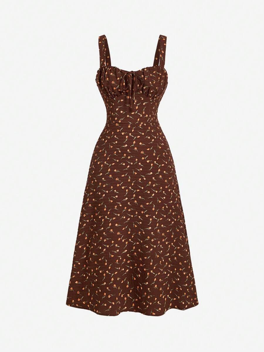 SHEIN MOD Váy nghỉ mát dài vừa phải in họa tiết hoa ngọt ngào theo phong cách đồng quê lãng mạn dành cho nữ, Váy ngày của mẹ, Váy mùa hè cho phụ nữ, Váy hoa, Váy vàng - màu nâu - Xem 1
