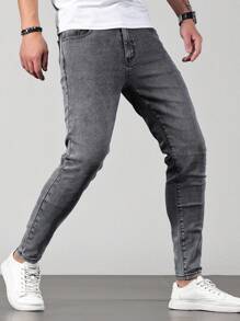 Manfinity Homme 男士纯色洗水牛仔裤，纯色修身深色牛仔裤，长款深灰色洗水工装牛仔裤，适合送给老公、男朋友的礼物