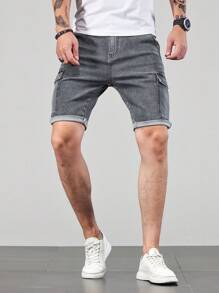Manfinity Homme Men Cotton Flap Pocket Side Bermuda Denim Shorts Cargo Plain Light Grey Vacation Basic - Grey - View 5