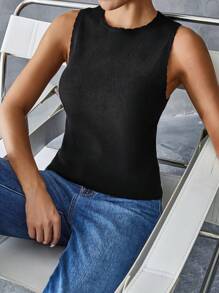 SHEIN Essnce Jersey sin mangas de punto de unicolor para mujer, prenda de vestir informal de verano, parte superior de punto de jersey en negro, ropa de vuelta al colegio, ropa de profesores - Negro - Ver 3