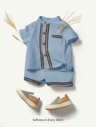 Cozy Pixies 嬰兒男寶寶裝裝飾性編織領短袖針織開衫和短褲套裝