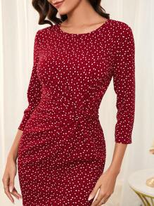 SHEIN Clasi Women's Red Elegant Slim Fit Romantic Dress With Polka Dots, Heart Shapes, And Waist Knot Decoration - Red and White - View 5
