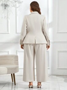 SHEIN Clasi Conjunto de traje elegante de talla grande con blazer cruzado con botones y pantalones de manga larga de unicolor - Albaricoque - Ver 3