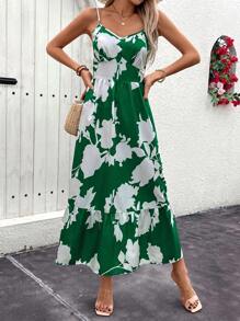 SHEIN LUNE Women's Random Printed Vacation Dress With Wide Hem - Green - View 6