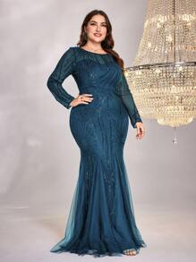 Plus Size XUIBOL High-Quality Elastic Sequin , Very Comfortable To Wear, Suitable For Different Body Wear, With A Perspective Round Neck Long Sleeved Slim Fit Fishtail Hem Featuring A Unique Design,Solid Color Ladies Wear Elegant And Luxurious Long Dress, Making Women Younger And More Charming,Suitable For Various Parties, Graduations, Weddings, Events And Various Banquets And Dancing Parties,Formal Ball Gown For Women,Prom Dress,Mother's Bridesmaid Dress(2025 Fashionable And Style) Evening Wedding Guest Dress, For Dinner - Teal Blue - View 2