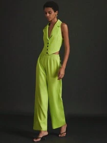 Aveloria Modichic Traje de chaleco largo y pantalón de estilo profesional OL de alta gama de unicolor con correa trasera, ajuste entallado, moderno, adecuado para el trabajo, la ropa de profesora