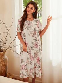 Women's Short Sleeve Sleep Dress With Big Floral Print - Multicolor - View 5