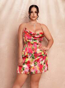 SHEIN BAE Plus Size Women's Satin Printed Spaghetti Strap Backless Tie Mini Dress, Perfect For Summer Vacation, Parties And Romantic Dates