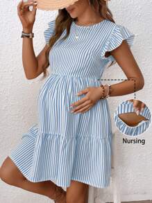 SHEIN Women's Striped And Printed Simple Style Nursing Dress For Daily Wear For Maternity - Blue - View 1
