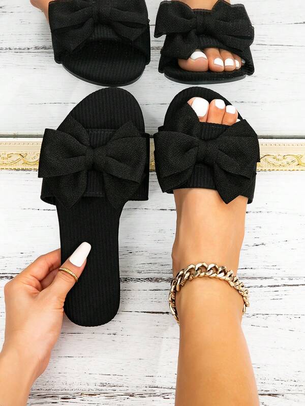 Fashionable Spring/Summer Flat Women's Slippers, Minimalistic & Elegant Sandals, Black Fabric Slipper With Bowknot & Single Strap