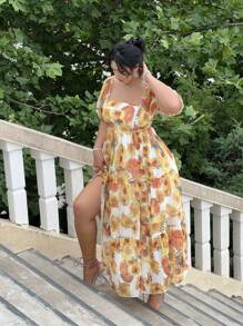 Flirla Plus Size Summer Holiday Sunflower Print Puff Sleeve Swing Dress - Multicolor - View 5