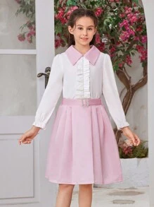 SHEIN Bộ áo sơ mi dài tay và chân váy xếp ly Tween Girl Color Block kèm thắt lưng sáng bóng, 2 chiếc nữ tính - Hồng - Xem 4
