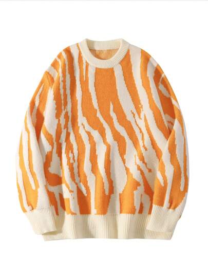 BAI YUE Naranja Vintage, Estampado de Cebra con Bloques de Color, Suéter de Punto Oversize de Cuello Redondo, Suéter Navideño, Atuendo de Año Nuevo