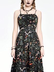 ROMWE Goth Vestido corte evasé de tirantes finos con estampado de serpiente y plantas, para verano oscuro estilo gótico - Negro - Ver 2