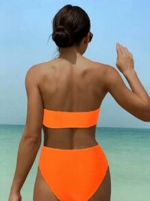 Conjunto de bikini sexy de traje de baño de bandeau a color bloque neón para mujer de verano