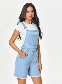 SHEIN EZwear Coolmax Women Raw Hem Short Denim Overalls - Light Wash - View 5