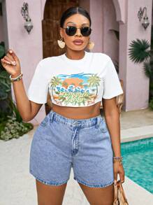 SHEIN VCAY Plus Size Women's Loose Blue Denim Shorts For Vacation & Leisure - Light Wash - View 7