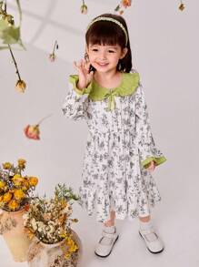 SHEIN Young Girls' Long Sleeve Peter Pan Collar Floral Print Patchwork Contrast Color Ruffle Bow Detail Dress, Suitable For Autumn - Multicolor - View 4