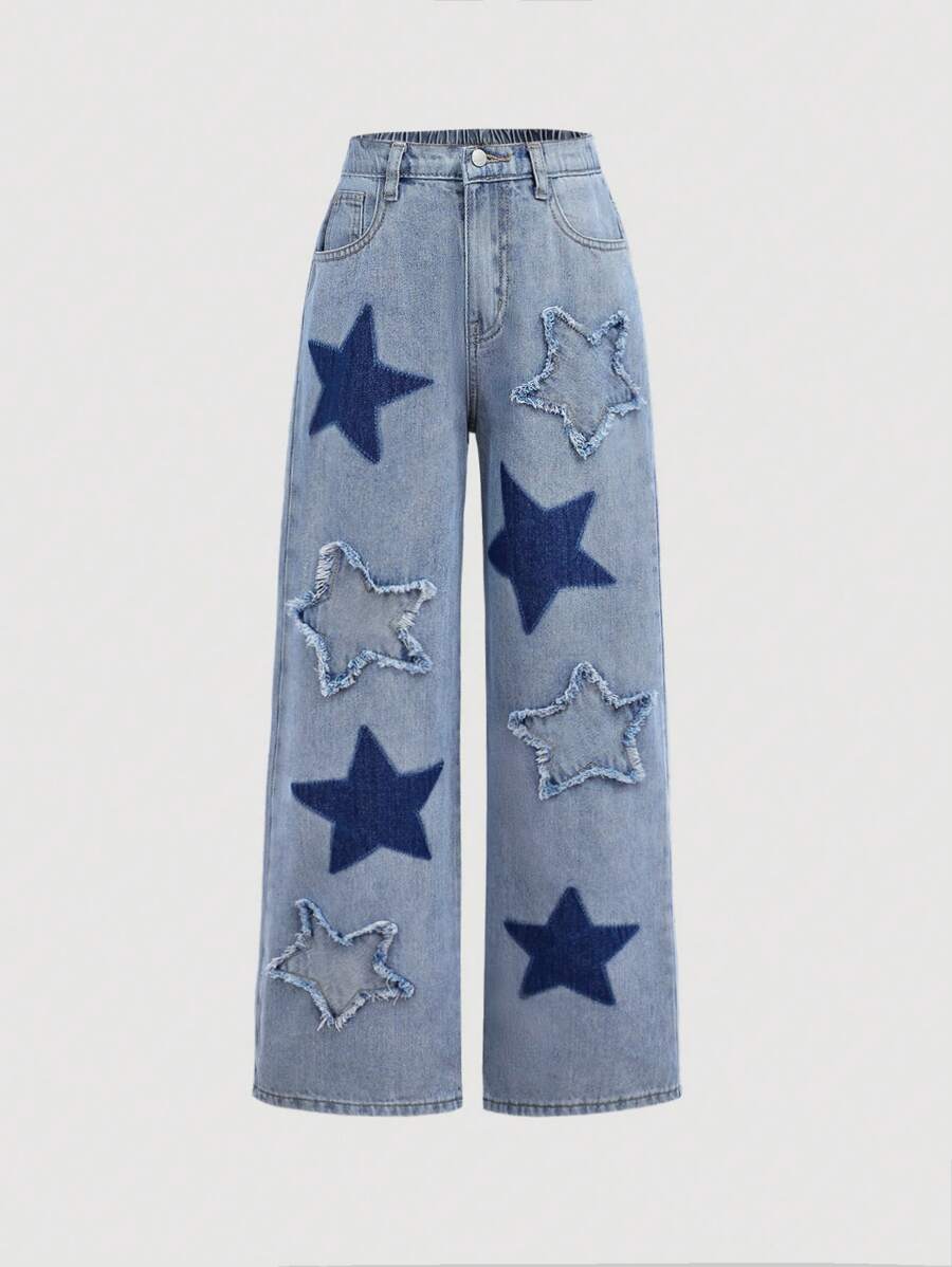 SHEIN Girlism Tween Girl Star Embroidered Denim Jeans For Outdoor And Streetwear - Medium Wash - View 1
