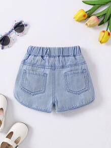 SHEIN Baby Girl Cute Embroidered Heart Elastic Waist Denim Shorts, Blue