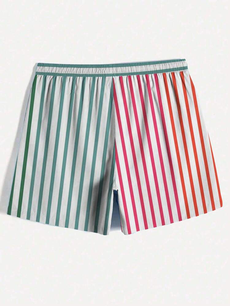 Men's Drawstring Waist Beach Shorts With Colorblock Striped Pattern