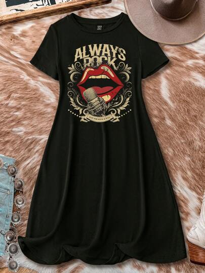 SHEIN LUNE Retro Röd Lip Rock Style Plus Size Kvinnor Lös rundhalsad Kortärmad Casual Sommarklänning