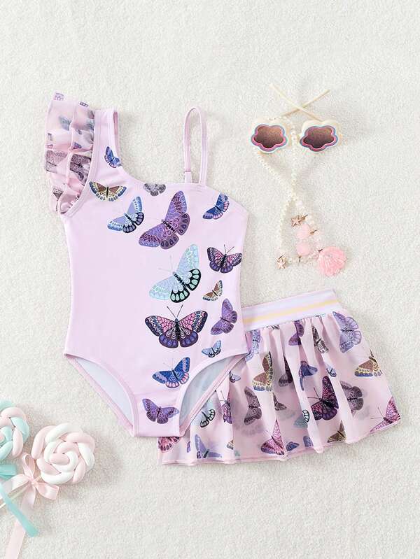 SHEIN Baby Girls' Butterfly Print One Shoulder Simple Daily Swimsuit