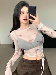 All Allover Print Butterfly Sheer Mesh See-Through Sexy Round Neck Tie-Up Crop Top With Long Sleeves - Redwood - View 1