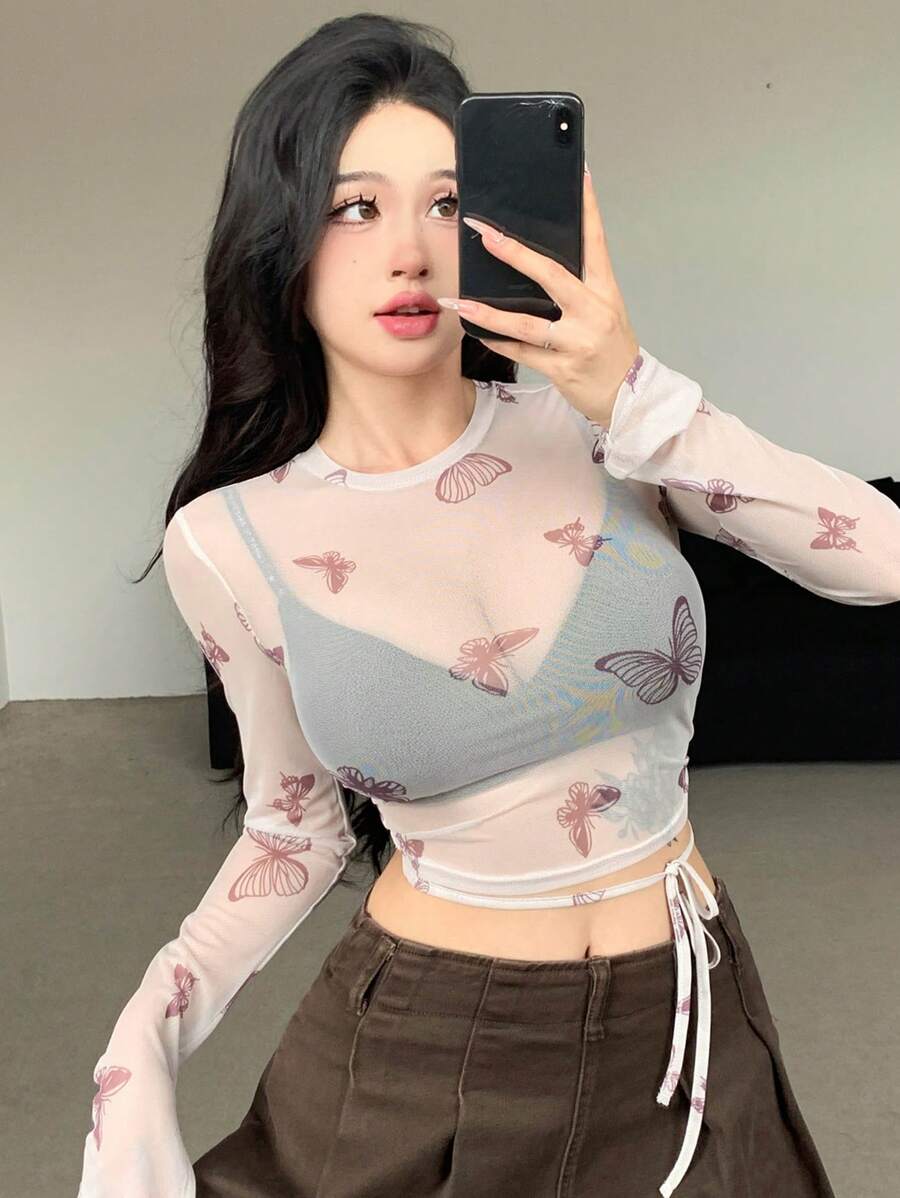 All Allover Print Butterfly Sheer Mesh See-Through Sexy Round Neck Tie-Up Crop Top With Long Sleeves - Redwood - View 1