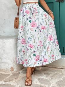 Chiquease Falda de talle alto con decoración de lazo y estampado floral para vacaciones, conjunto de ropa de mujer
