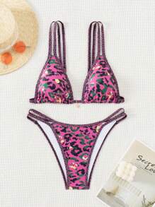 SHEIN Swim Summer Beach Allover Print Spaghetti Strap Hollow Out Bikini Set (Top And Bottom) Random Print - Multicolor - View 6