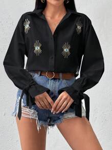 EURMUSE Oversized Devil Eye Sequin Embroidery Long Sleeve Shirt - Hitam - View 4