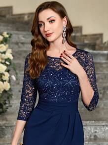 MIUSOL Sequin Floral Lace Round Neck Wrap Hem Cocktail Party Pencil Dress, For Valentine's Day - Navy Blue - View 8