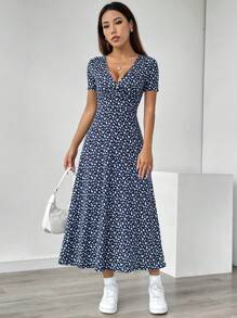 Flirla Petite Vestido de verano de manga corta con escote en V y estampado floral diminuto (corte aleatorio) para mujer, vestido largo para mujer - Multicolor - Ver 3