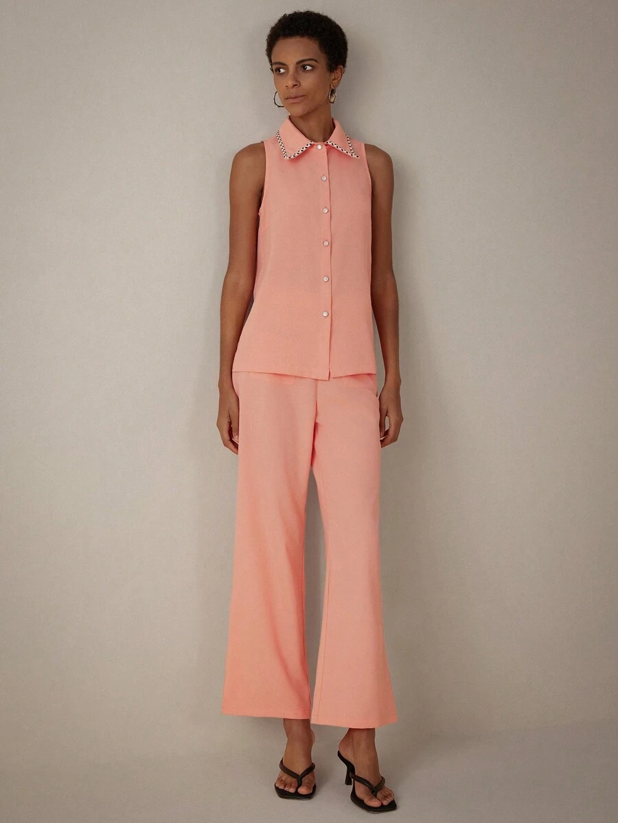 Aveloria Modichic 無袖無領上衣和長褲套裝，帶有條紋飾邊 - 橘色 - 查看 1