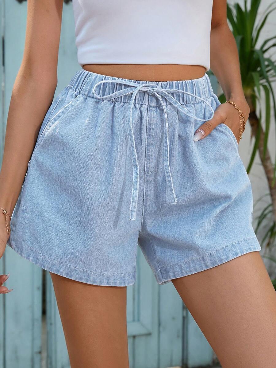 SHEIN LUNE Quần short denim eo dây rút - Rửa nhẹ - Xem 1
