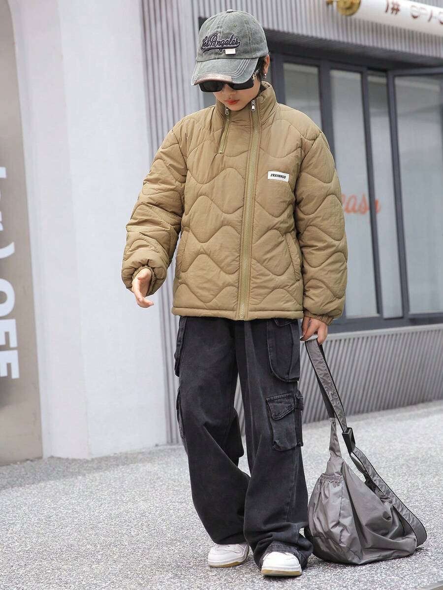 SHEIN Tween Boy Casual Checkered Detail Stand Collar Padded Coat For Winter