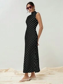 COSMINA 优雅女士春/秋波尔卡圆点印花立领无袖鱼尾长款复古风格优雅连衣裙 - 黑色 - 查看 3