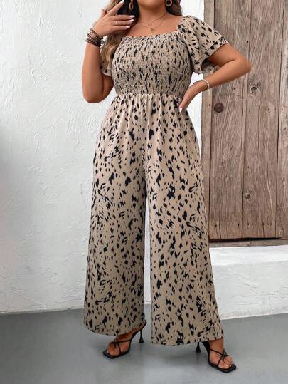 SHEIN VCAY Plus Size Double Layered Short Sleeve Jumpsuit With Waist Tie And Wide Leg, Ideal For Vacation, Square Neckline