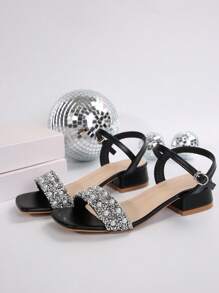 夏季女式簡約珍珠踝帶中跟涼鞋，開放式前端，優雅適用於婚禮派對