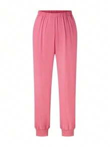 SHEIN TaskFit Conjunto de uniforme de talla grande de pantalón y camisa de manga corta de unicolor, simple y diario - Rosa - Ver 5