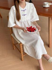 DAZY Chinese Style Home Dress With Frog Button And Frill Trim Pajama - White - View 7