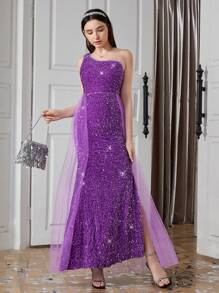SHEIN Vestido de fiesta de escote asimétrico con aplicaciones de cuentas y malla para chicas adolescentes, adecuado para bodas, fiestas y cumpleaños